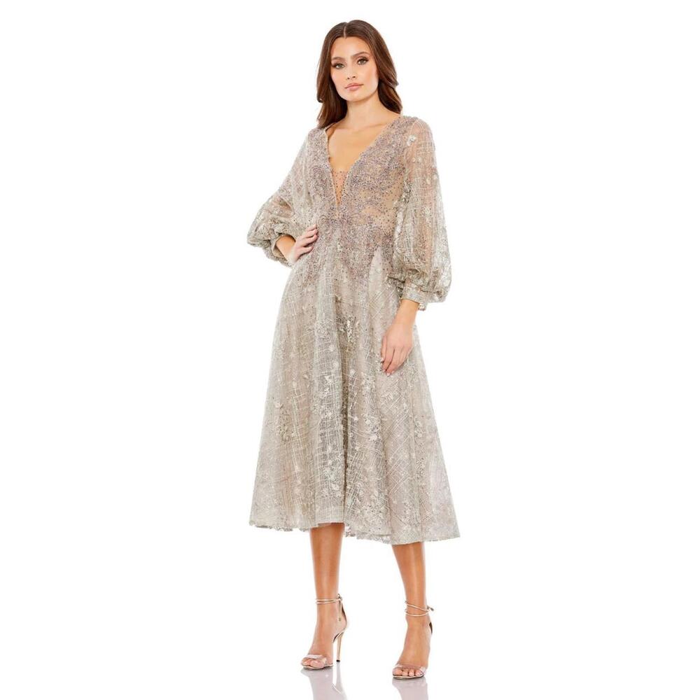 Mac Duggal EMBELLISHED BISHOP Sleeve PLUNGE NECK TAUPE Dress Sz 20 $698 #20391